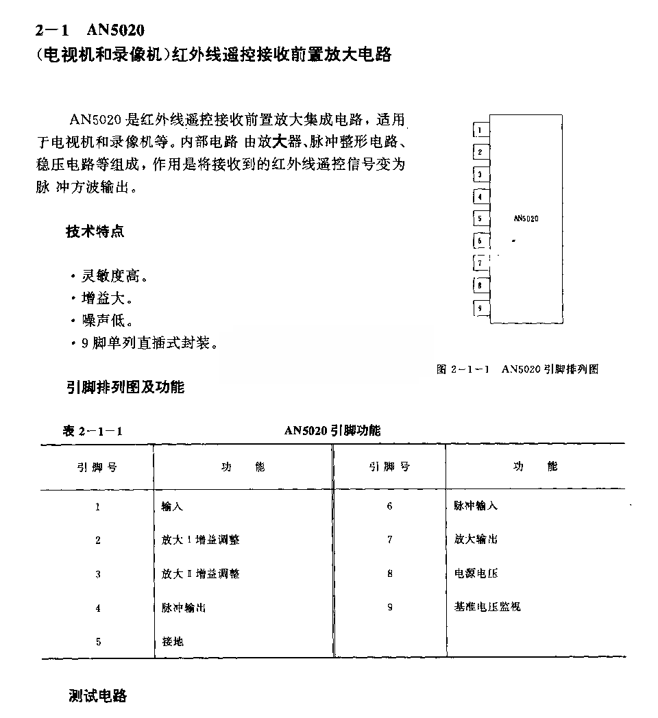 AN5020 (电视机和录像机)红外线遥控接收前置放大电路