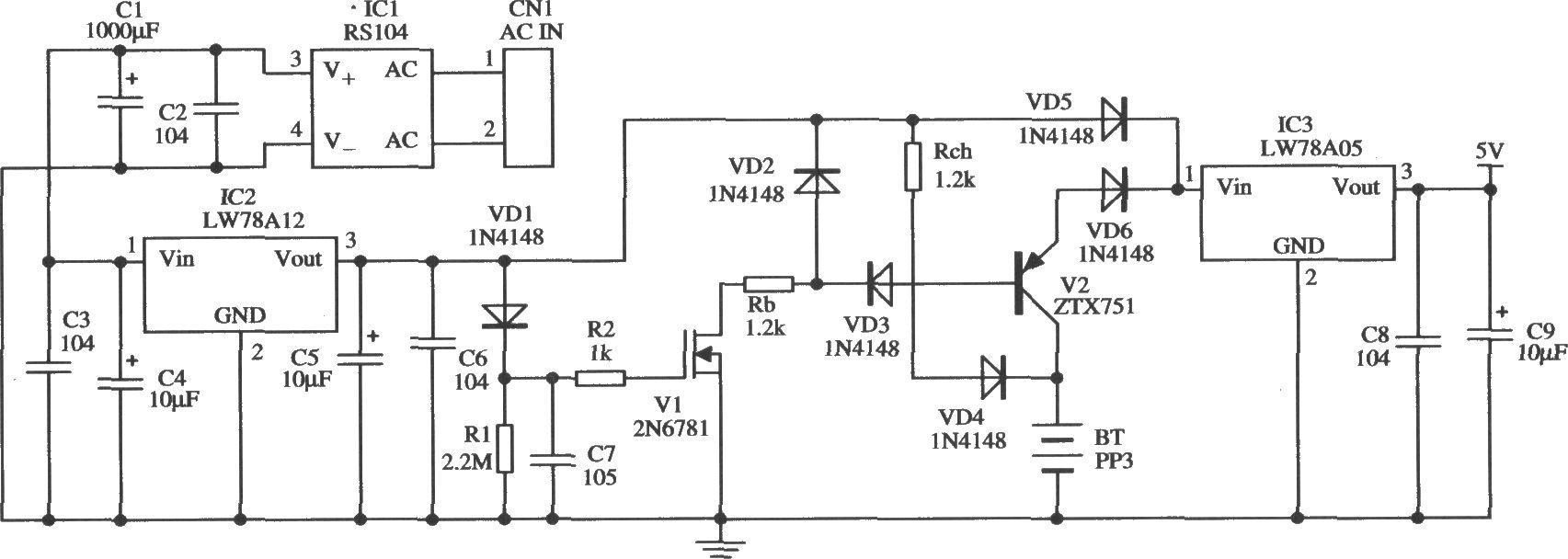 由LW78A12组成的内含稳定的瞬时备用的5V电源的应用电路