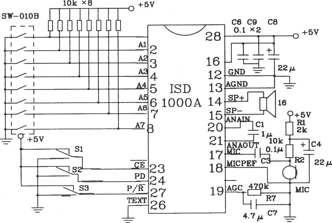 ISD1000A系列语音芯片的应用电路图