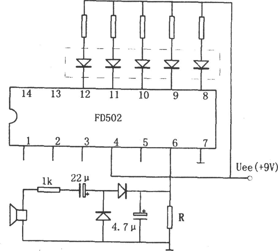 用五位LED显示器做音响功率指示电路(FD502)