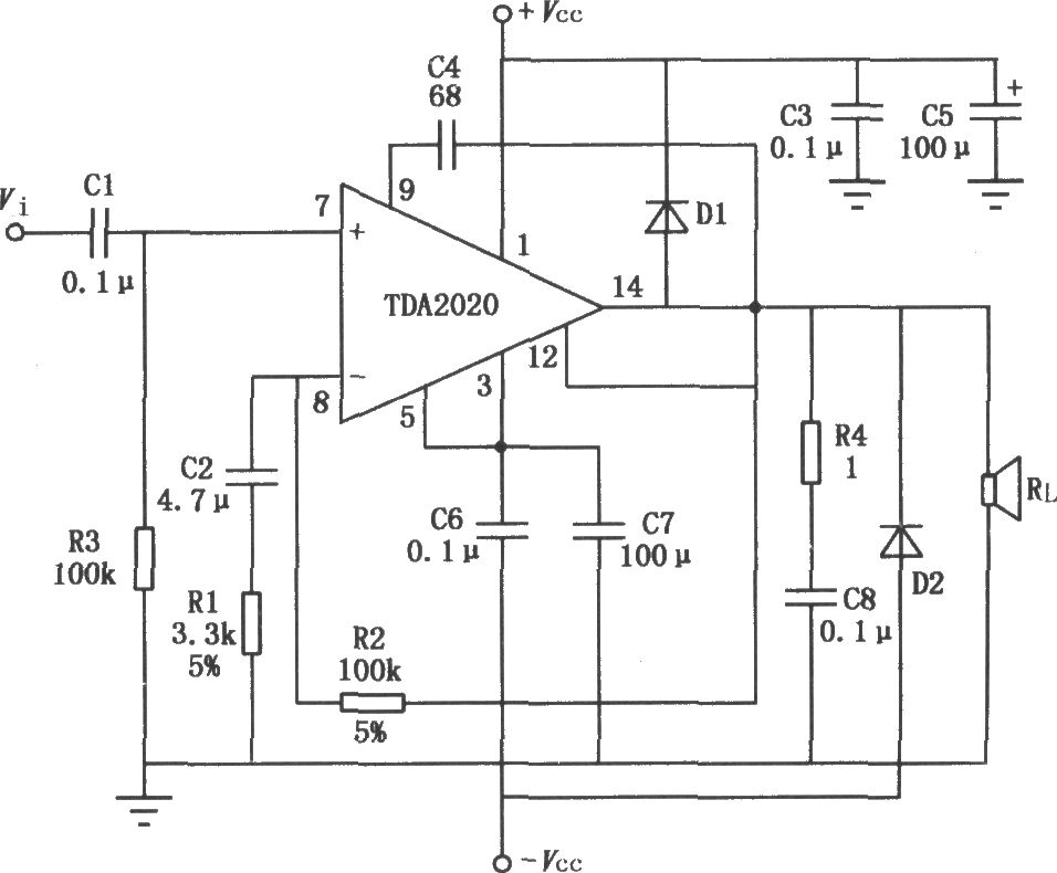 20W Hi—Fi音频功率放大器TDA2020的典型应用电路