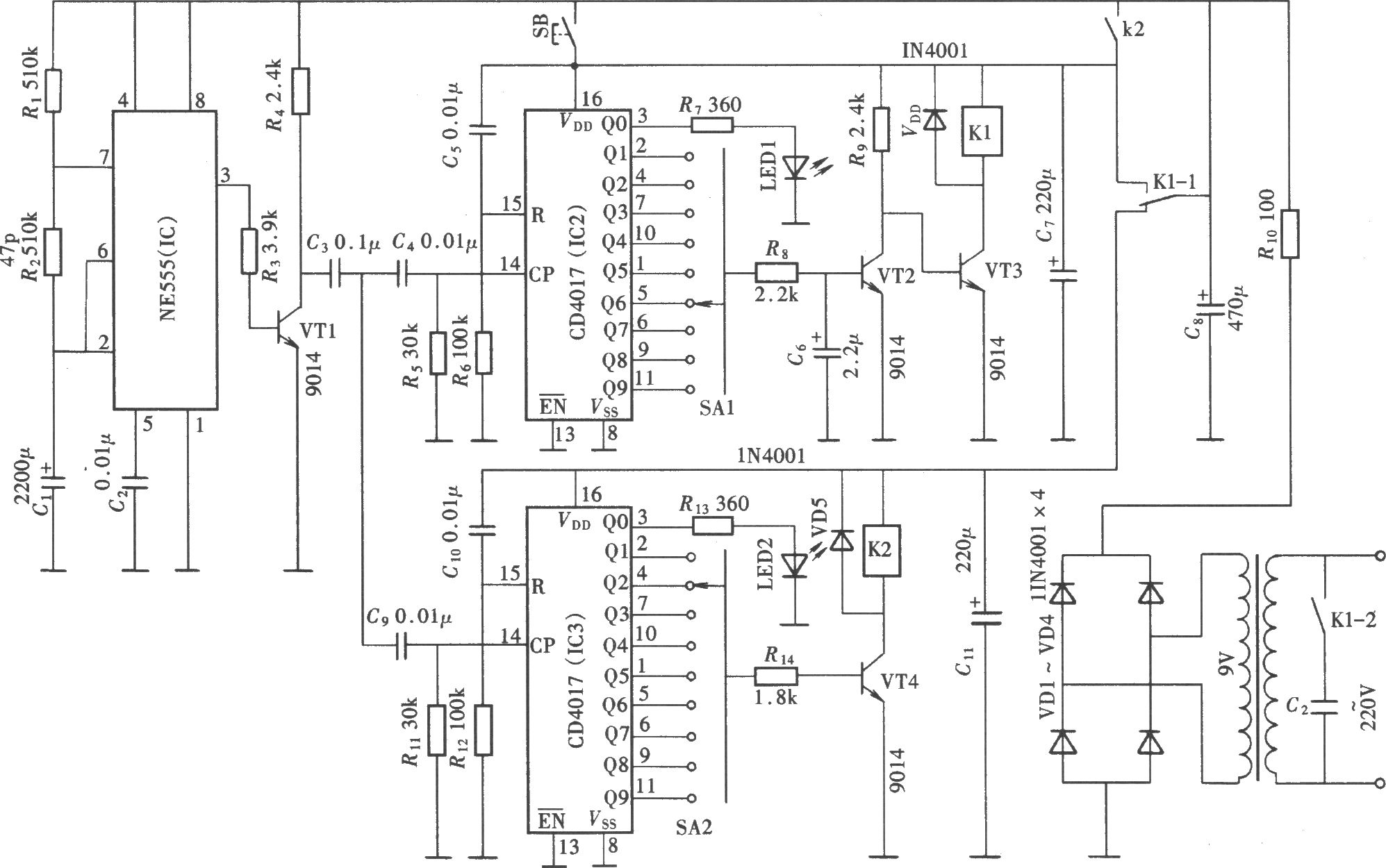 具有开、停预置功能的循环定时器(CD4017、NE555)
