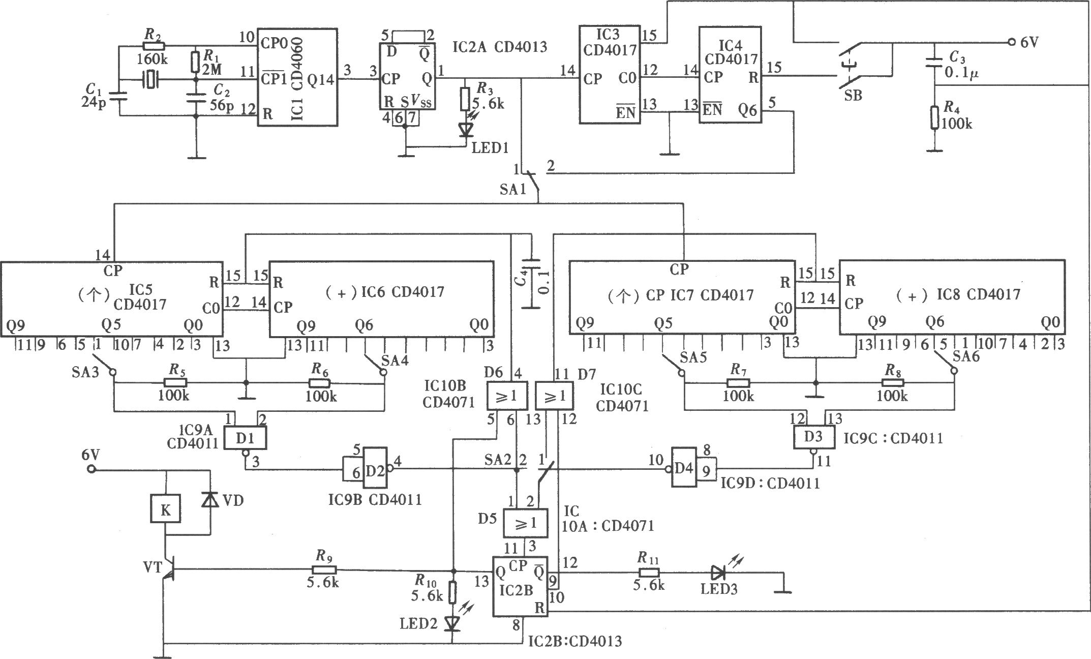 具有定时开、关和自动循环功能的定时器(CD4013、CD4060、CD4017)