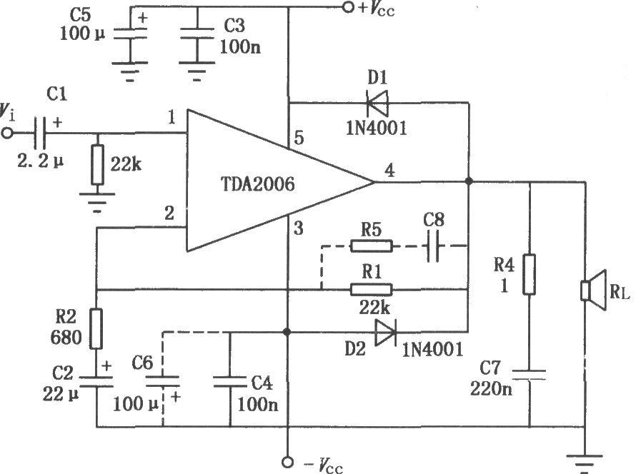 10W音频功率放大器TDA2006的典型应用电路