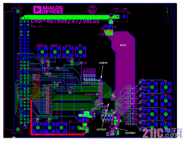 显示AD7607 DAS和ADR421基准电压源的PCB布局布线