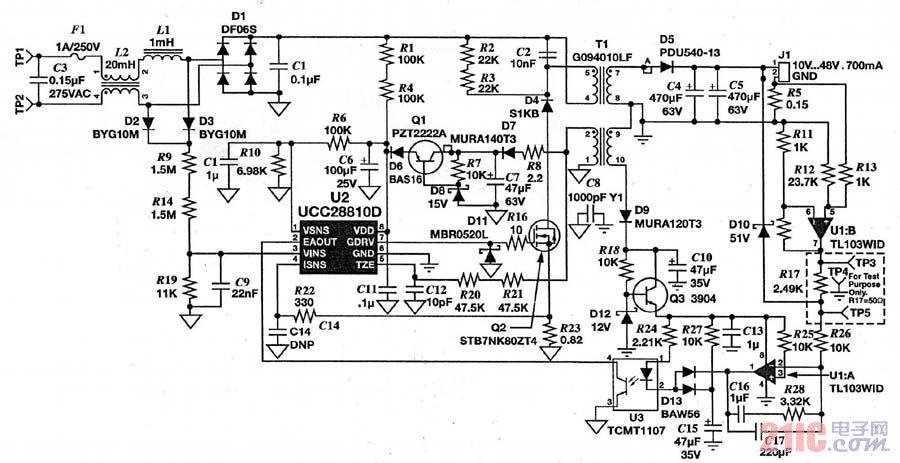 图2 基于UCC28810的34W 单级PFC反激式LED恒流驱动电源