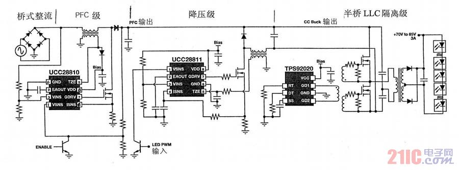 图3 采用UCC28810的240W LED路灯驱动电源系统