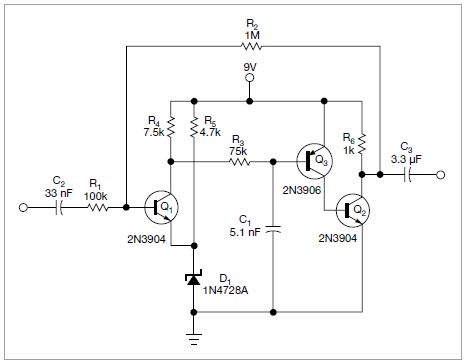 图1，这个交流耦合反相运放的开环增益为100万。R1和R2设定的闭环增益为-10